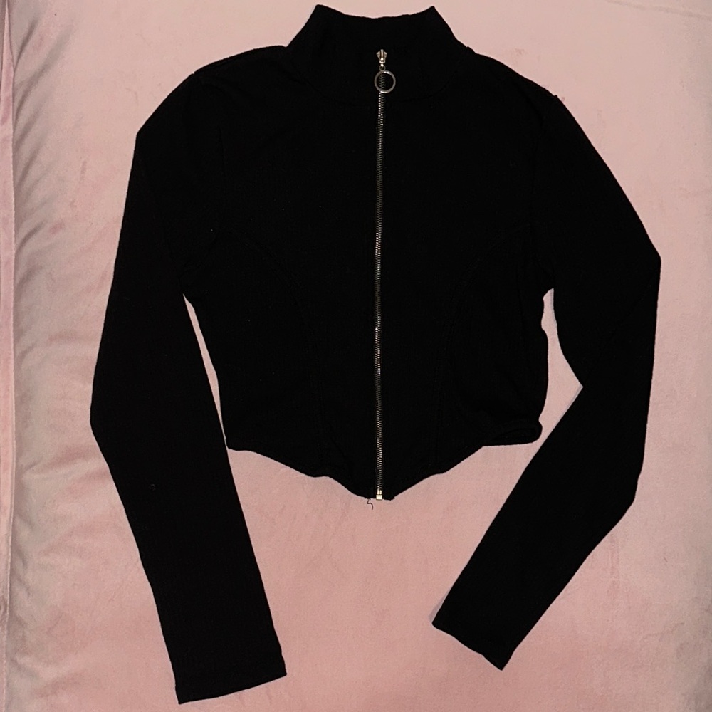 Bozzolo Black Cropped Bomber Jacket with Ring Zipper